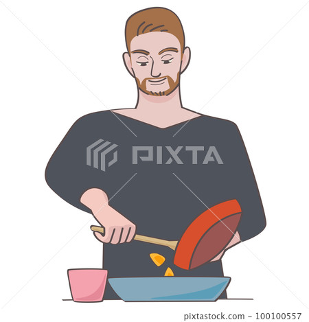 一個年輕人把煎鍋裡的食物放到盤子裡的矢量圖 100100557