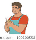 Vector illustration of a young man wearing an apron and peeling potatoes with a knife 100100558