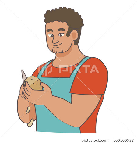 一個穿著圍裙和用刀削土豆皮的年輕人的矢量圖 100100558