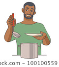 Vector illustration of a young man who smiles and puts out the food made in a pot on a plate 100100559