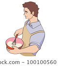 Vector illustration of a young man wearing an apron and whipping ingredients in a bowl 100100560