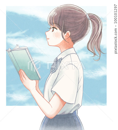 一名高中生在清爽的青春氣息,藍天下攤開一本書的插圖 一名高中生在清爽的青春氣息,藍天下攤開一本書的插圖 100101297