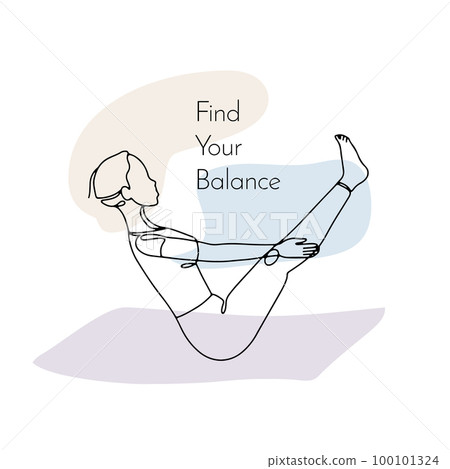 Single line drawing of a girl in yoga pose with inspirational quote Find your balance 100101324