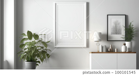 Blank square frame mockup for artwork or print on white or gray wall with eucalyptus green plants in vase, copy space. Blank square frame mockup for artwork or print on white or gray wall with eucalyptus green plants in vase, copy space. 100101545