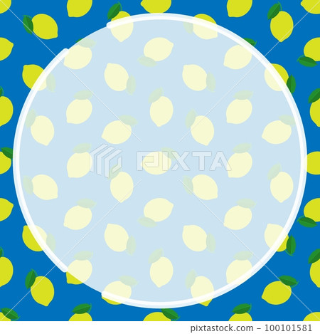 Round frame on background of seamless pattern with whole lemon and leaves. Harvesting citrus fruits. Ornament for social network page decoration. Design element. Vector 100101581