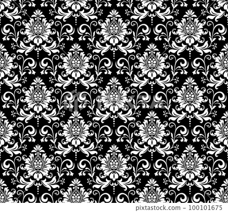 Floral pattern. Vintage wallpaper in the Baroque style. Seamless vector background. White and black ornament for fabric, wallpaper, packaging. Ornate Damask flower ornament Floral pattern. Vintage wallpaper in the Baroque style. Seamless vector background. White and black ornament for fabric, wallpaper, packaging. Ornate Damask flower ornament 100101675