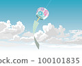 A glass wind chime with a morning glory pattern swaying in the summer sky 100101835