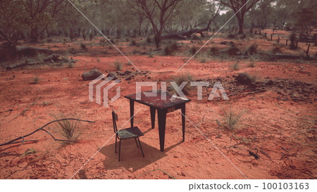 old ruster metal table in desert 100103163