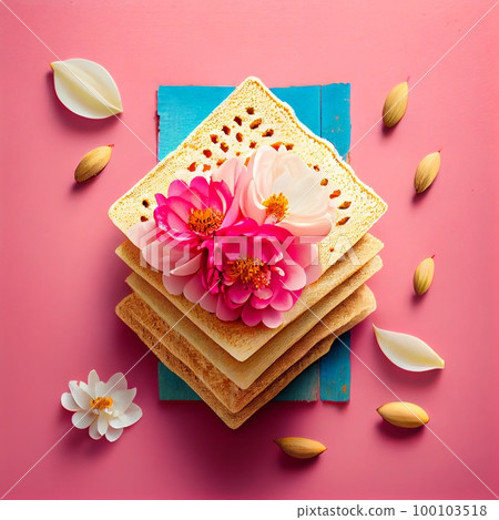 Pesah celebration, jewish Passover holiday. flowers and matza greeting card. AI Generative 100103518