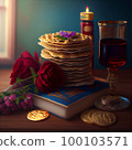 Pesah celebration, jewish Passover holiday. flowers and matza greeting card. AI Generative 100103571