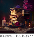 Pesah celebration, jewish Passover holiday. flowers and matza greeting card. AI Generative 100103577