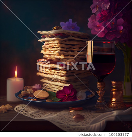 Pesah celebration, jewish Passover holiday. flowers and matza greeting card. AI Generative 100103577