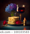 Pesah celebration, jewish Passover holiday. flowers and matza greeting card. AI Generative 100103583