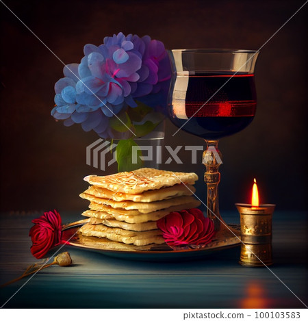 Pesah celebration, jewish Passover holiday. flowers and matza greeting card. AI Generative 100103583