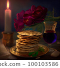 Pesah celebration, jewish Passover holiday. flowers and matza greeting card. AI Generative 100103586