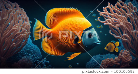 Underwater Scene With Coral Reef And Exotic Fishes. Generative AI 100103592