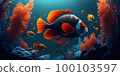 Underwater Scene With Coral Reef And Exotic Fishes. Generative AI 100103597