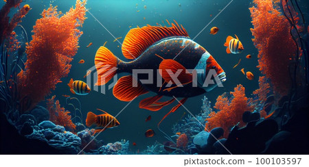 Underwater Scene With Coral Reef And Exotic Fishes. Generative AI 100103597