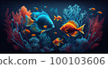 Underwater Scene With Coral Reef And Exotic Fishes. Generative AI 100103606