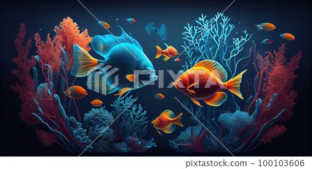 Underwater Scene With Coral Reef And Exotic Fishes. Generative AI 100103606