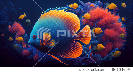 Underwater Scene With Coral Reef And Exotic Fishes. Generative AI 100103609