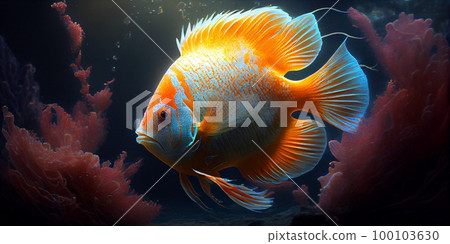 Underwater Scene With Coral Reef And Exotic Fishes. Generative AI 100103630