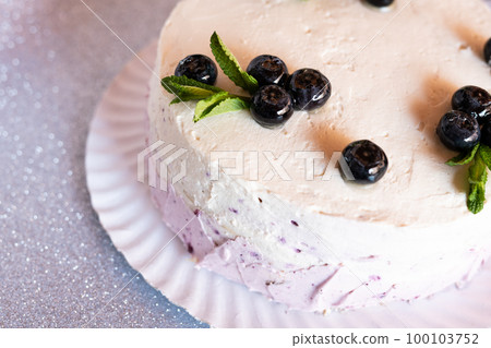 Cake decorated with fruits and chocolate on top. Cake decorated with fruits and chocolate on top. 100103752