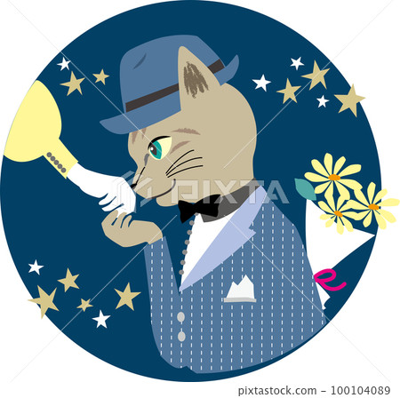 一隻虎斑貓在海軍約會時親吻他的手背的圓形矢量圖 一隻虎斑貓在海軍約會時親吻他的手背的圓形矢量圖 100104089