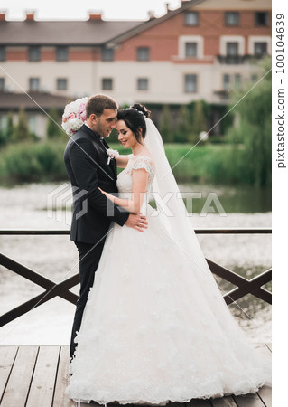 Wedding couple on the nature is hugging each other. Beautiful model girl in white dress. Man in suit Wedding couple on the nature is hugging each other. Beautiful model girl in white dress. Man in suit 100104639