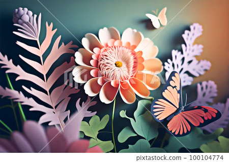 PAPER CUT ART Butterfly on coloful Flowers. Generative AI 100104774