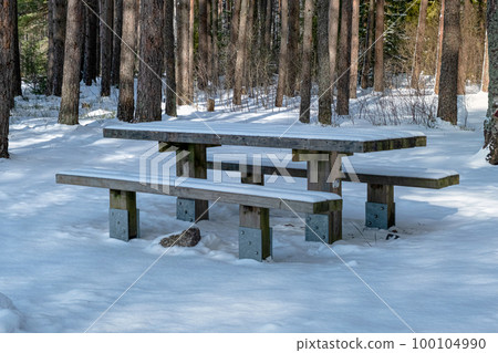 A deep, heavy layer of untouched, fresh, fluffy white snow covers picnic tables and benches in Gauja National Park, mid-winter, on a clear sunny day. A deep, heavy layer of untouched, fresh, fluffy white snow covers picnic tables and benches in Gauja National Park, mid-winter, on a clear sunny day. 100104990