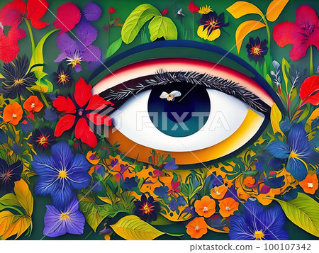 Abstract illustration of an eye with flowers around. Generative AI Abstract illustration of an eye with flowers around. Generative AI 100107342