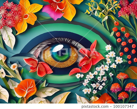 Abstract illustration of an eye with flowers around. Generative AI Abstract illustration of an eye with flowers around. Generative AI 100107347