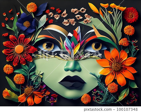 Abstract illustration of an eye with flowers around. Generative AI Abstract illustration of an eye with flowers around. Generative AI 100107348