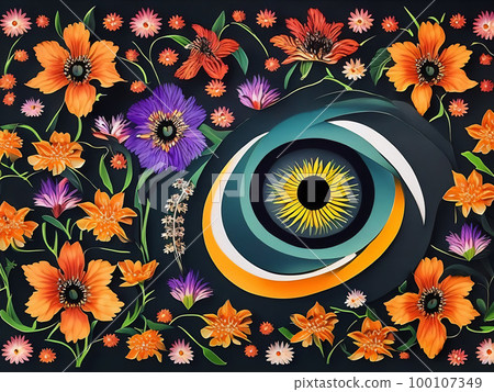 Abstract illustration of an eye with flowers around. Generative AI Abstract illustration of an eye with flowers around. Generative AI 100107349