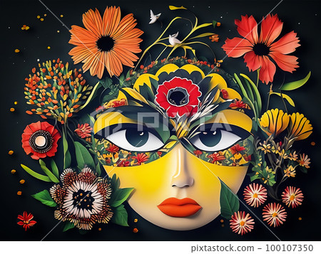 Abstract illustration of an eye with flowers around. Generative AI Abstract illustration of an eye with flowers around. Generative AI 100107350