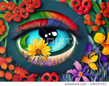 Abstract illustration of an eye with flowers around. Generative AI Abstract illustration of an eye with flowers around. Generative AI 100107351