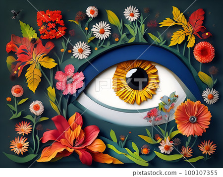 Abstract illustration of an eye with flowers around. Generative AI 100107355