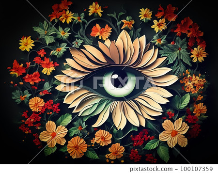 Abstract illustration of an eye with flowers around. Generative AI Abstract illustration of an eye with flowers around. Generative AI 100107359