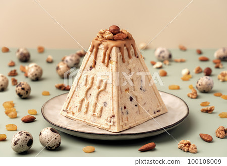 Traditional Easter cottage cheese dessert Paskha decorated with caramel, nuts, raisins and quail eggs on pastel background. Modern minimalistic Easter background with copy space for your design. Traditional Easter cottage cheese dessert Paskha decorated with caramel, nuts, raisins and quail eggs on pastel background. Modern minimalistic Easter background with copy space for your design. 100108009