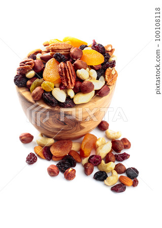 Mix of nuts and dried fruits isolated on a white background. 100108118