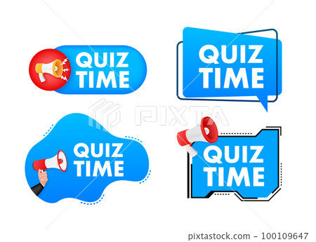 Megaphone label set with text Quiz time. Megaphone in hand promotion banner. Marketing and advertising 100109647