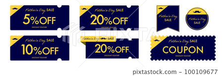 Navy blue and yellow coupon vector icon set for father's day sale 100109677