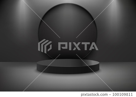 Abstract 3D realistic black empty round podium with round backstage and lamp lighting. Minimal scene for product display presentation. Award ceremony concept 100109811