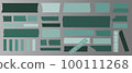 Washi tapes. Semi-transparent pieces of ribbons. Green, emerald colors of pieces of washi tape with torn edges. Set of adhesive scrapbooking ribbons isolated on a transparent background. 100111268