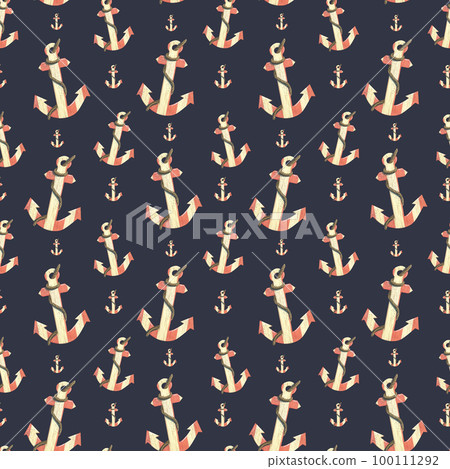 Wooden, striped anchors with a rope on a dark blue background. Watercolor illustration. Seamless pattern from SEA FISHING collection. For fabric, wallpapers, textiles, prints. Wooden, striped anchors with a rope on a dark blue background. Watercolor illustration. Seamless pattern from SEA FISHING collection. For fabric, wallpapers, textiles, prints. 100111292