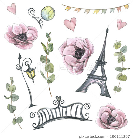 The Eiffel Tower with a wrought iron bridge, a street lamp and a clock with eucalyptus branches and pink anemone flowers, hearts and a garland. Watercolor illustration. Set from the PARIS collection. 100111297