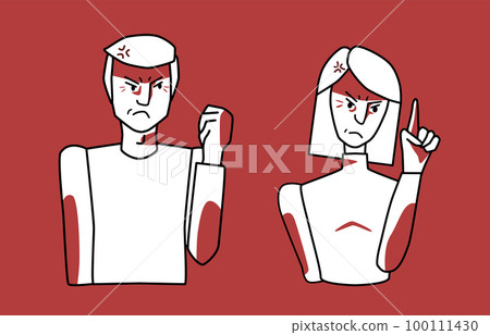 Angry man and woman characters, red and white, choleric mood, anger emotion, threaten with fist. Half body sketch style. 100111430
