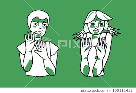 Boy and girl with emotion of disgust, green and white, antipathy mood, protect themselves with hands. Sketch style. Boy and girl with emotion of disgust, green and white, antipathy mood, protect themselves with hands. Sketch style. 100111431