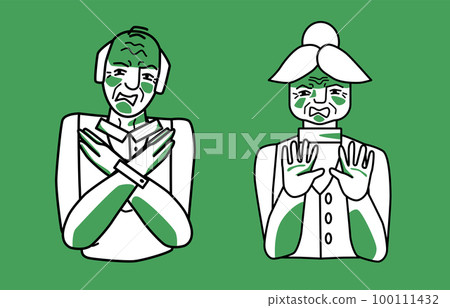 Old man and woman with disgust, green and white, grandfather and grandmother cover themselves with hands. Sketch style. 100111432